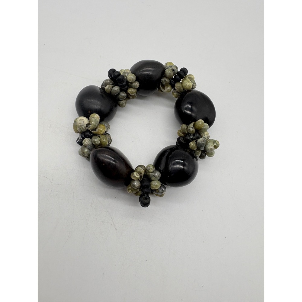 Bohemian Chunky Seed Pod and Seashell Stretch Bracelet Dark Brown Beachy